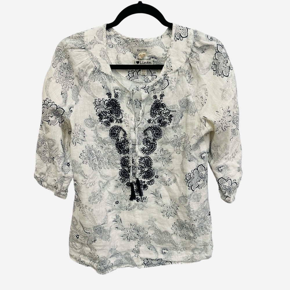 Malvin 100% linen white black paisley embroidered boho peasant blouse Size M